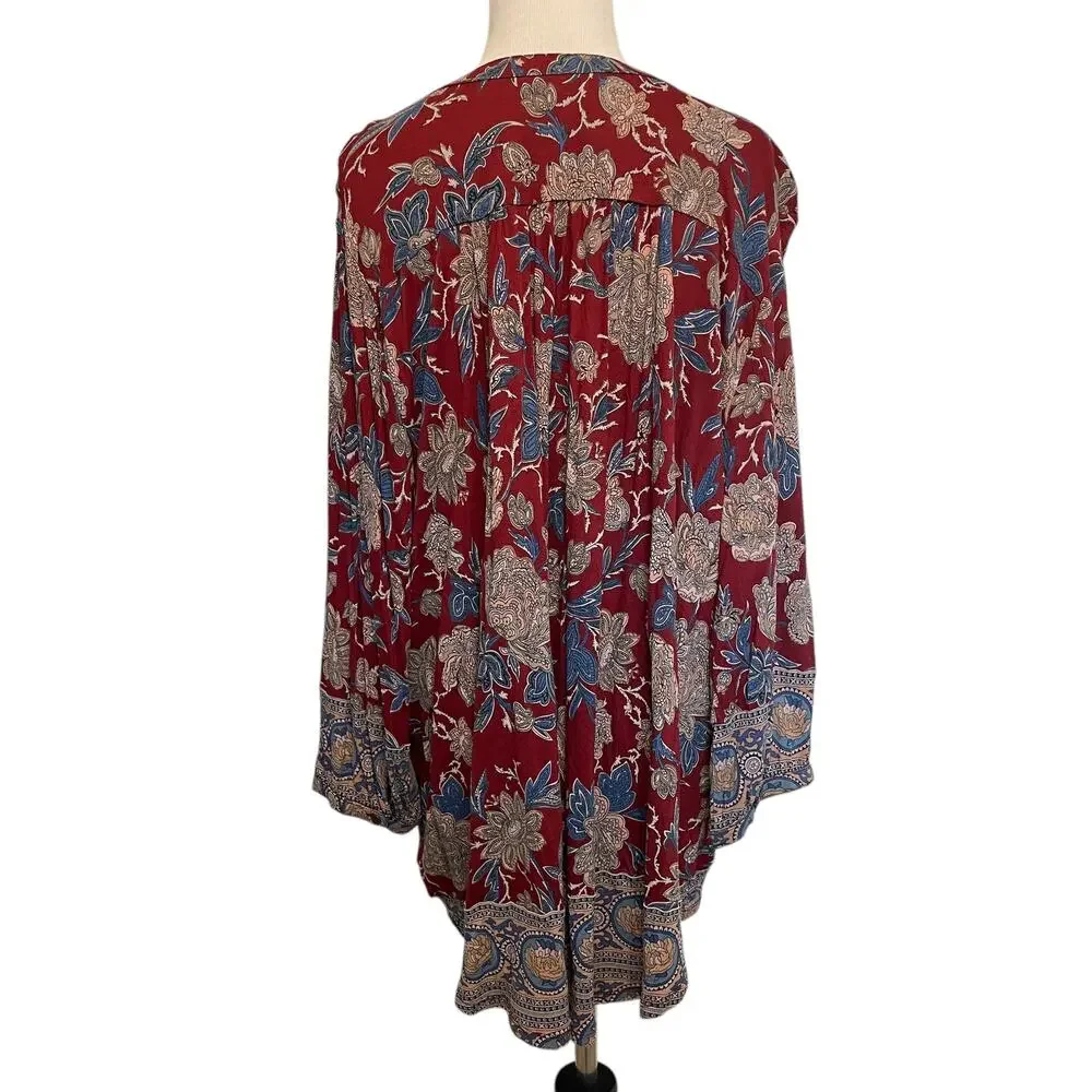 Lucky Brand Floral Henley Top Womens Size 2X Burgundy Blue Border Knit Peasant
